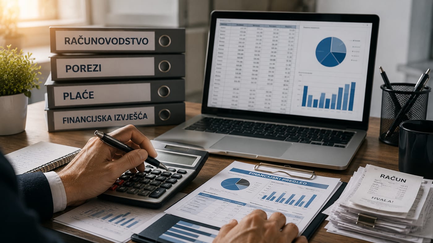 Laptop, kalkulator i mape s financijskim izvještajima