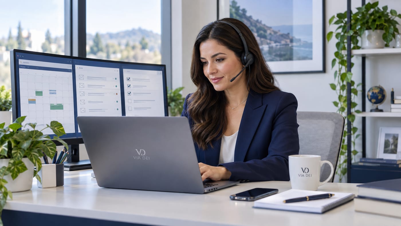 Virtualna asistentica radi na laptopu s kalendarom i popisom zadataka