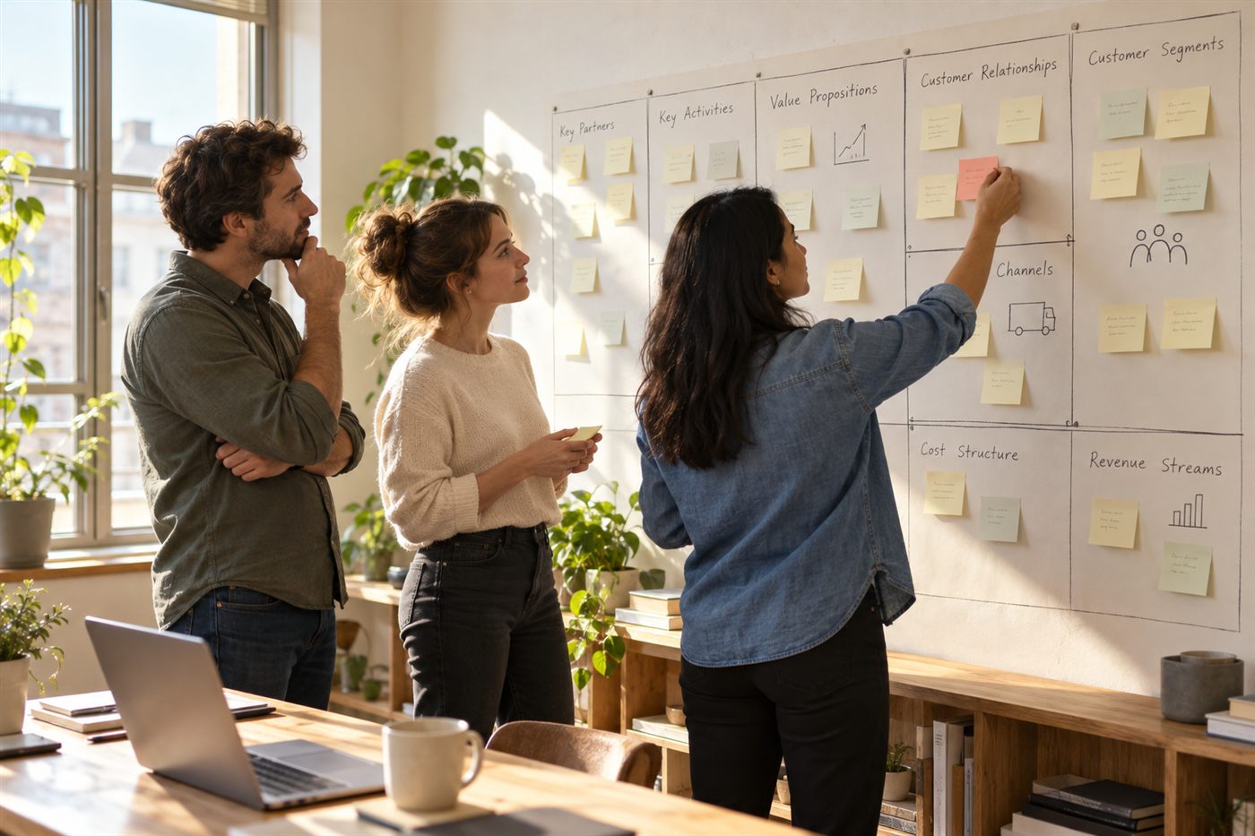 Mali tim slaže Business Model Canvas na zidu s ljepljivim papirićima